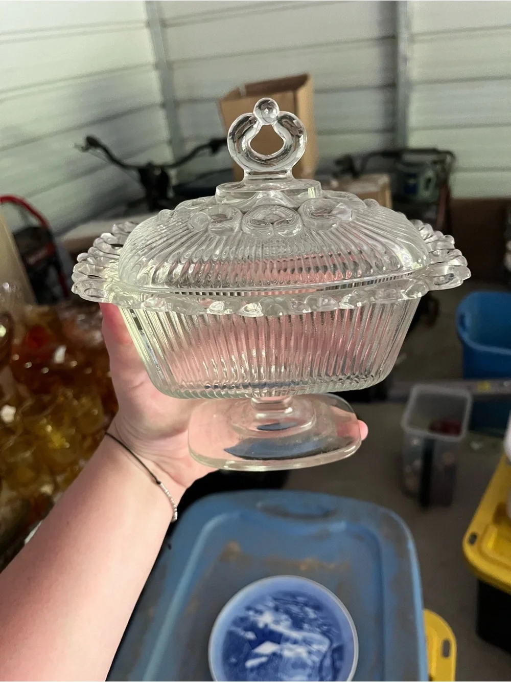 Vintage Clear Pressed Glass Covered Compote Dish